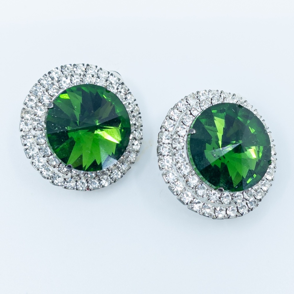 Faux Emerald and Rhinestone Round Clip Earrings